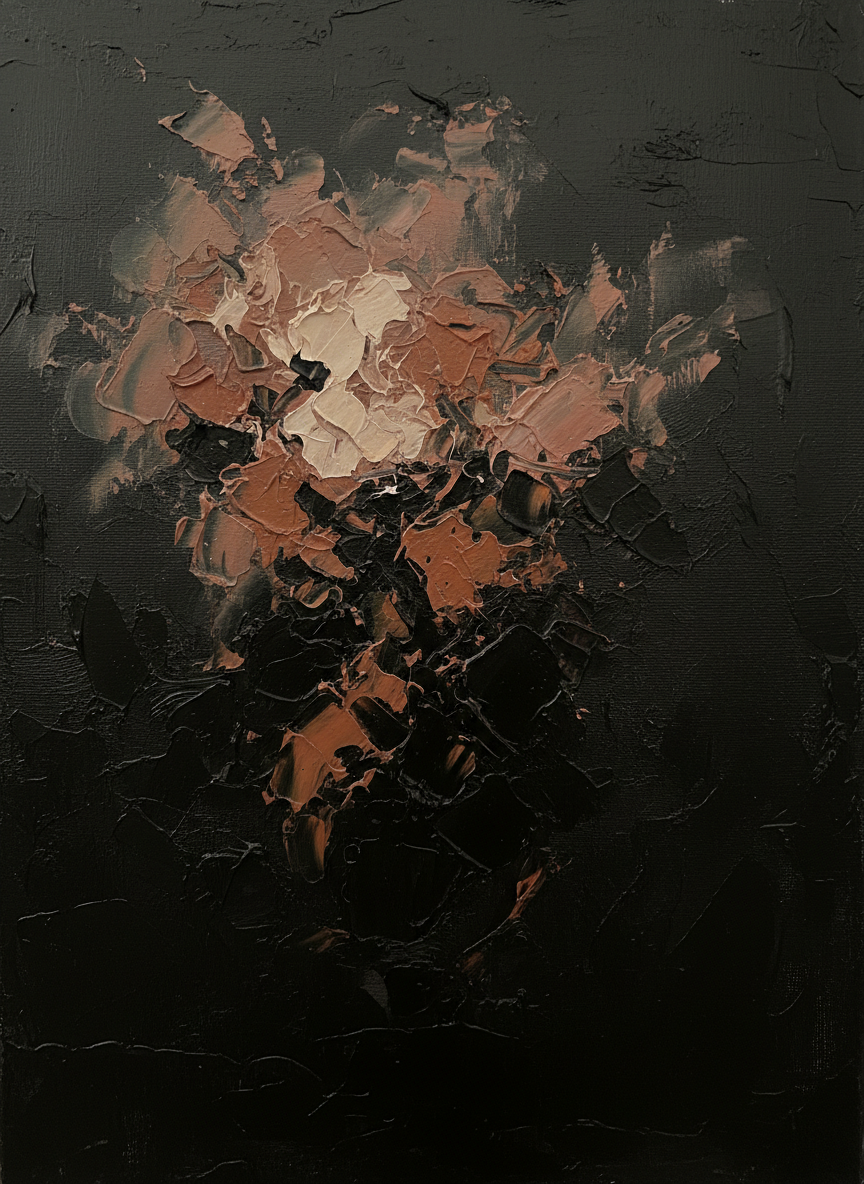 Abstract intuitive oil painting on dark canvas, dusty rose and terracotta swirls emerging from deep shadow, raw emotional brushwork, thick textured impasto, moody low light, muted earthy palette