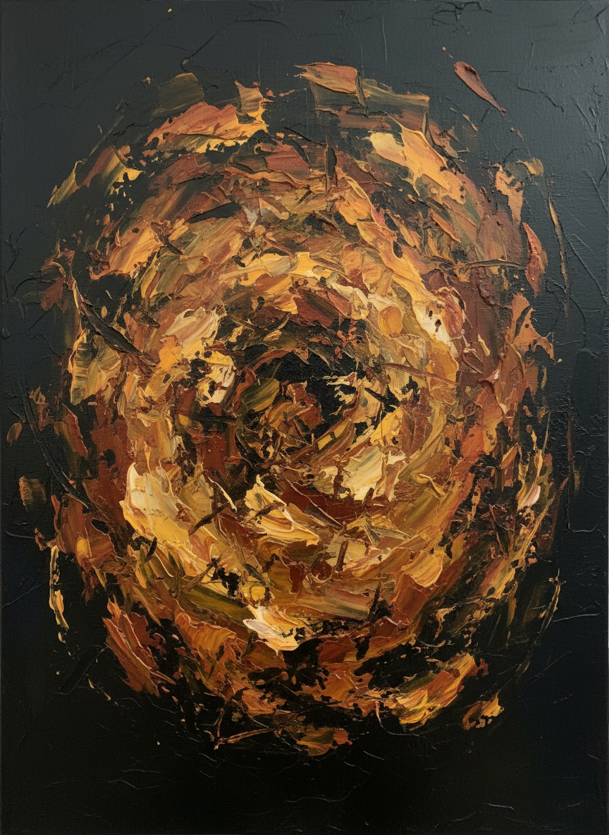 Abstract intuitive painting, warm ochre and burnt sienna gestural strokes against near-black background, layered painterly texture, emotional and instinctive, dark atmospheric mood