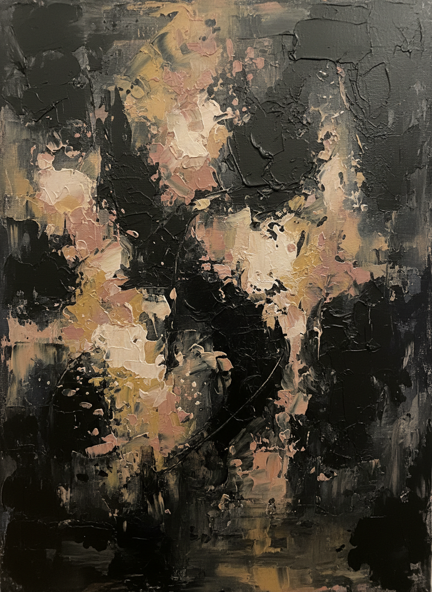 Abstract intuitive artwork, dusty rose and parchment tones bleeding through charcoal darkness, expressive palette-knife texture, moody evocative composition, muted earthy warm colors